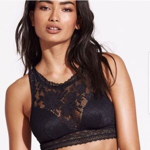 Victoria Secret VS  Black Lace Floral High Neck Wireless Bralette Bra Sz Large